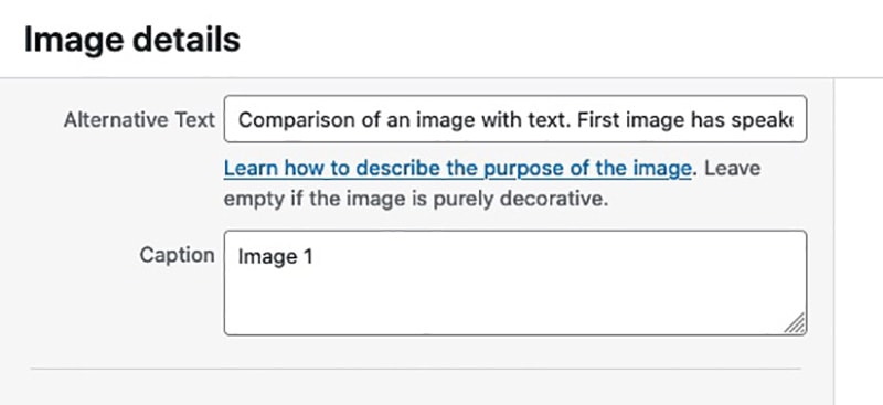 Section of WordPress image upload showing Alternate Text field.