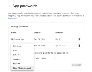 Preview of the App passwords screen in Google, with "Other" highligted to indicate the choice.