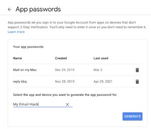 Preview of the App passwords screen in Google, with sample name entered into the "Other" field.
