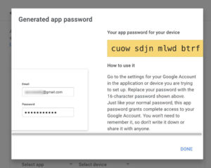Preview of final step in App passwords with yellow highlighted password example.