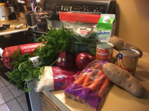 A collection of fruits and veggies used in the dog food recipe.